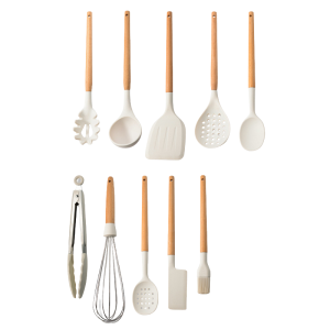 Rodecor 10-piece milky white silicone and beechwood kitchen utensil set on a white background