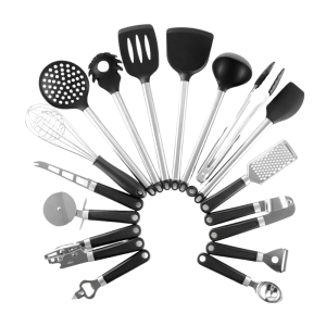 Rodecor 16-piece black kitchen utensil set featuring stainless steel handles and silicone heads on a white background